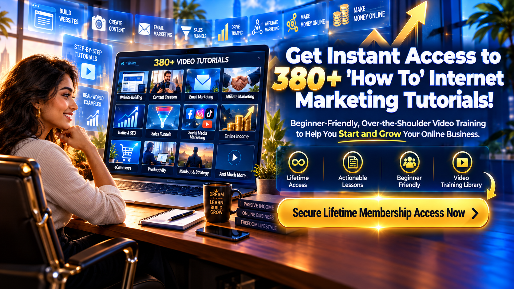 Get instant access to 380+ how-to internet marketing tutorials, including website building, content creation, email marketing, and traffic strategies.