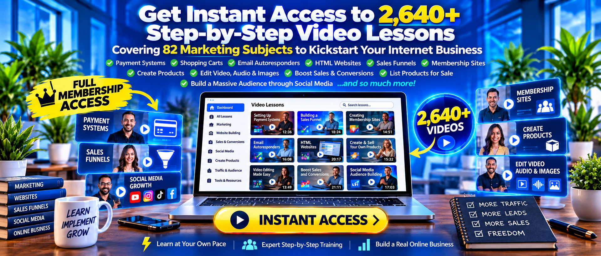 Instant access to 2,640+ step-by-step video lessons covering 82 marketing subjects.
