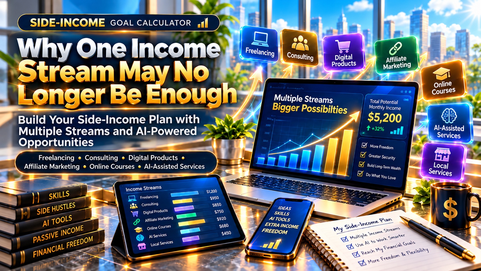 Side-income planning graphic illustrating freelancing, consulting, digital products, affiliate marketing, courses, and AI-assisted services.
